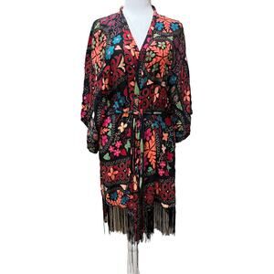 Josie Natori Women Multicolor Silky Floral Kimono Cardigan S Artsy Fringe Belted